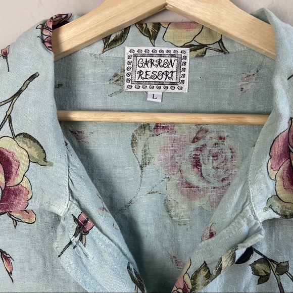 Vintage 90's Garron Resort Mint Floral Linen Button Down Blouse - Picture 5 of 5